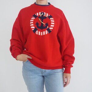 Vintage 90S Jerzees Red Blue Embroidered Nautical Crew Neck Sweater L